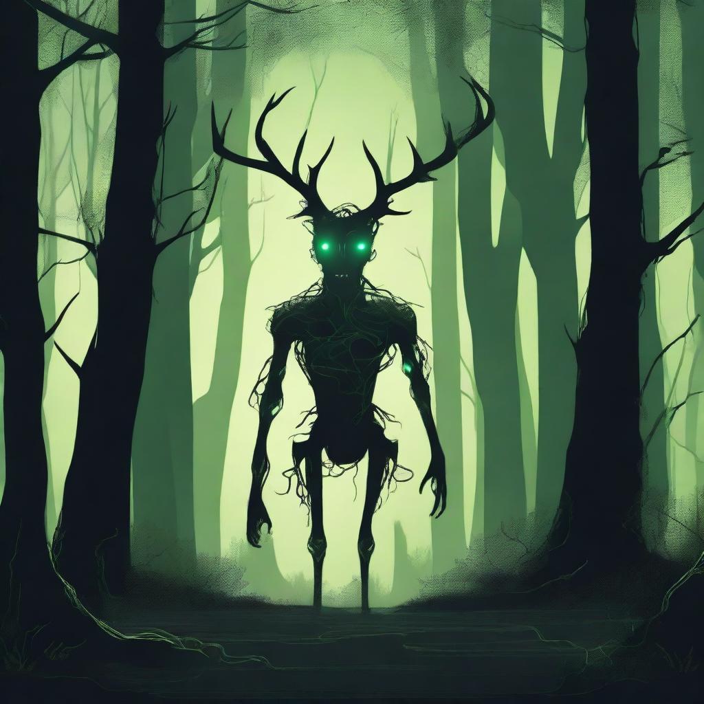 A bizarre humanoid forest creature with elongated limbs and antlers is seen stalking through a dark forest