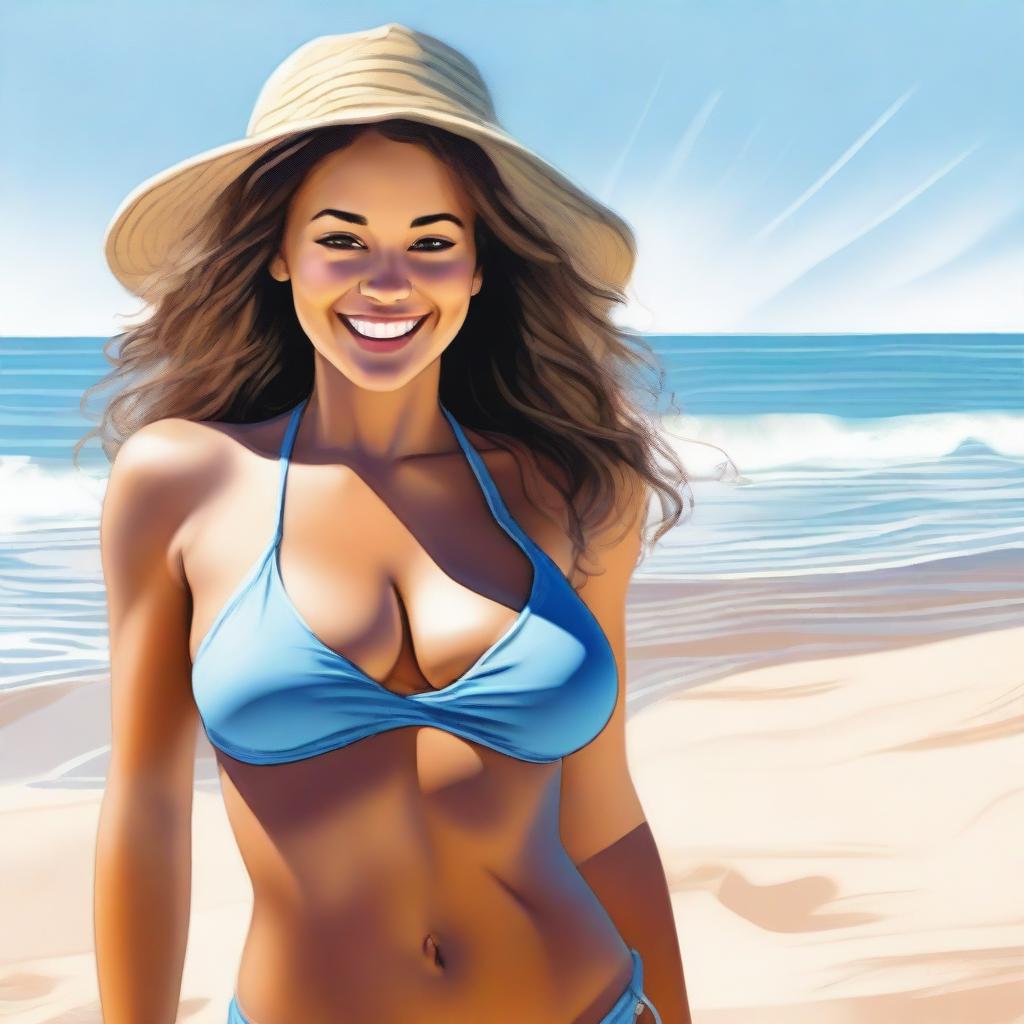 A tastefully depicted young woman in a bikini enjoying a day at the beach