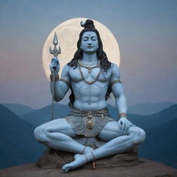 A full-body, still image visualization of Bholenath, also known as Lord Shiva, in a calm, meditative posture with a trishul or trident in the backdrop. He displays tranquil and serene features, with moon crescent on his head, against a Himalayan foothill setting.