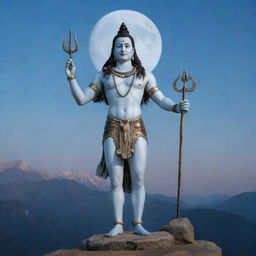 A full-body, still image visualization of Bholenath, also known as Lord Shiva, in a calm, meditative posture with a trishul or trident in the backdrop. He displays tranquil and serene features, with moon crescent on his head, against a Himalayan foothill setting.