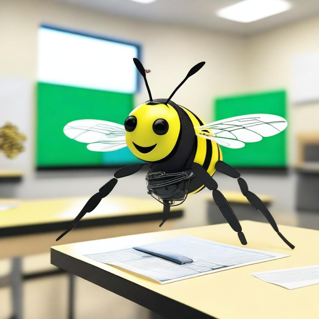 A bee created from robotic pieces is flying over a computer on a desktop within a classroom