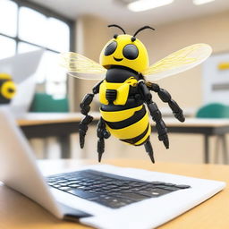 A bee created from robotic pieces is flying over a computer on a desktop within a classroom