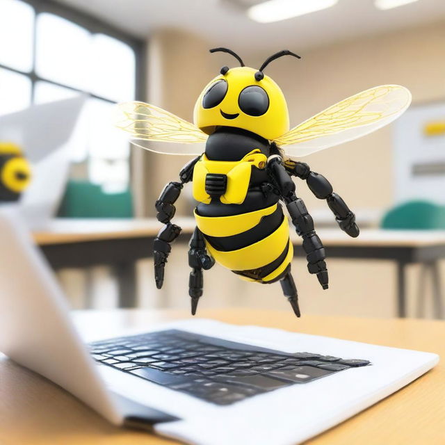 A bee created from robotic pieces is flying over a computer on a desktop within a classroom