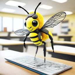 A bee created from robotic pieces is flying over a computer on a desktop within a classroom