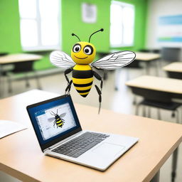 A bee created from robotic pieces is flying over a computer on a desktop within a classroom