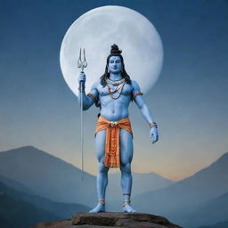 A full-body, still image visualization of Bholenath, also known as Lord Shiva, in a calm, meditative posture with a trishul or trident in the backdrop. He displays tranquil and serene features, with moon crescent on his head, against a Himalayan foothill setting.