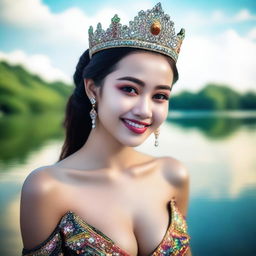 A realistic, super HD quality shoot of a beautiful young Indonesian woman adorned with a sparkling, multicolored bead crown