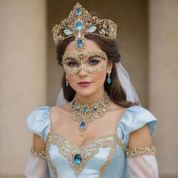 A regal princess costume adorned with intricate details, complete with a captivating gem-studded mask.