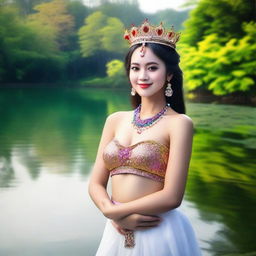 A realistic, super HD quality shoot of a beautiful young Indonesian woman adorned with a sparkling, multicolored bead crown