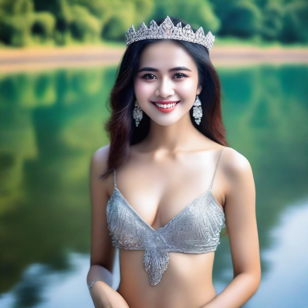 A realistic, super HD quality image of a beautiful young Indonesian woman wearing a sparkling bead crown