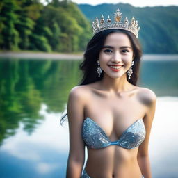 A realistic, super HD quality image of a beautiful young Indonesian woman wearing a sparkling bead crown