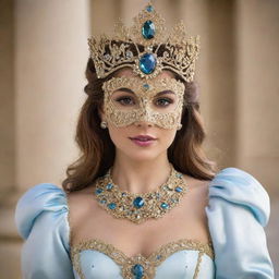 A regal princess costume adorned with intricate details, complete with a captivating gem-studded mask.