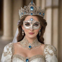 A regal princess costume adorned with intricate details, complete with a captivating gem-studded mask.