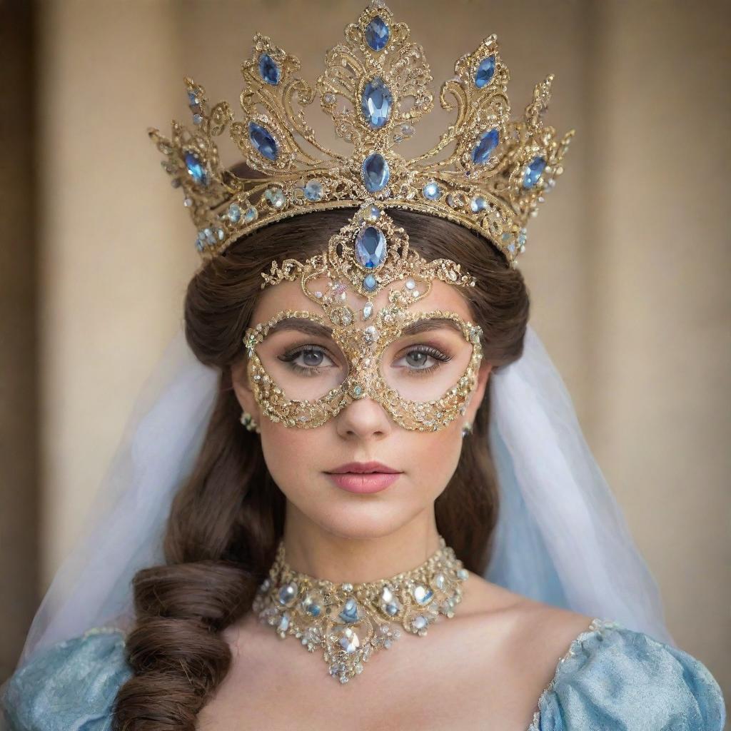 A regal princess costume adorned with intricate details, complete with a captivating gem-studded mask.