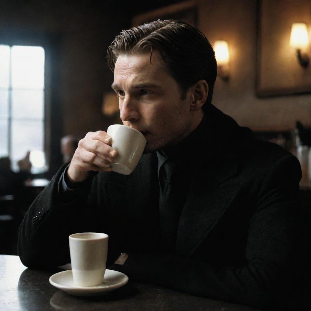 Jonathan Crane from Batman Begins movie, sipping coffee in a moody Gotham City cafe