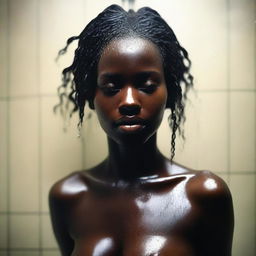 Create a tasteful, non-explicit image of a dark-skinned girl in the shower