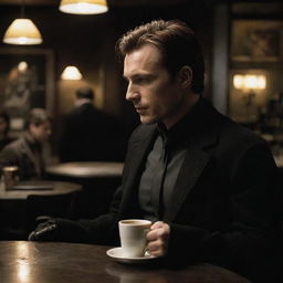 Jonathan Crane from Batman Begins movie, sipping coffee in a moody Gotham City cafe