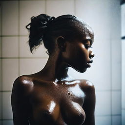 Create a tasteful, non-explicit image of a dark-skinned girl in the shower