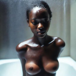 Generate a tasteful and non-explicit image of a dark-skinned girl in the shower