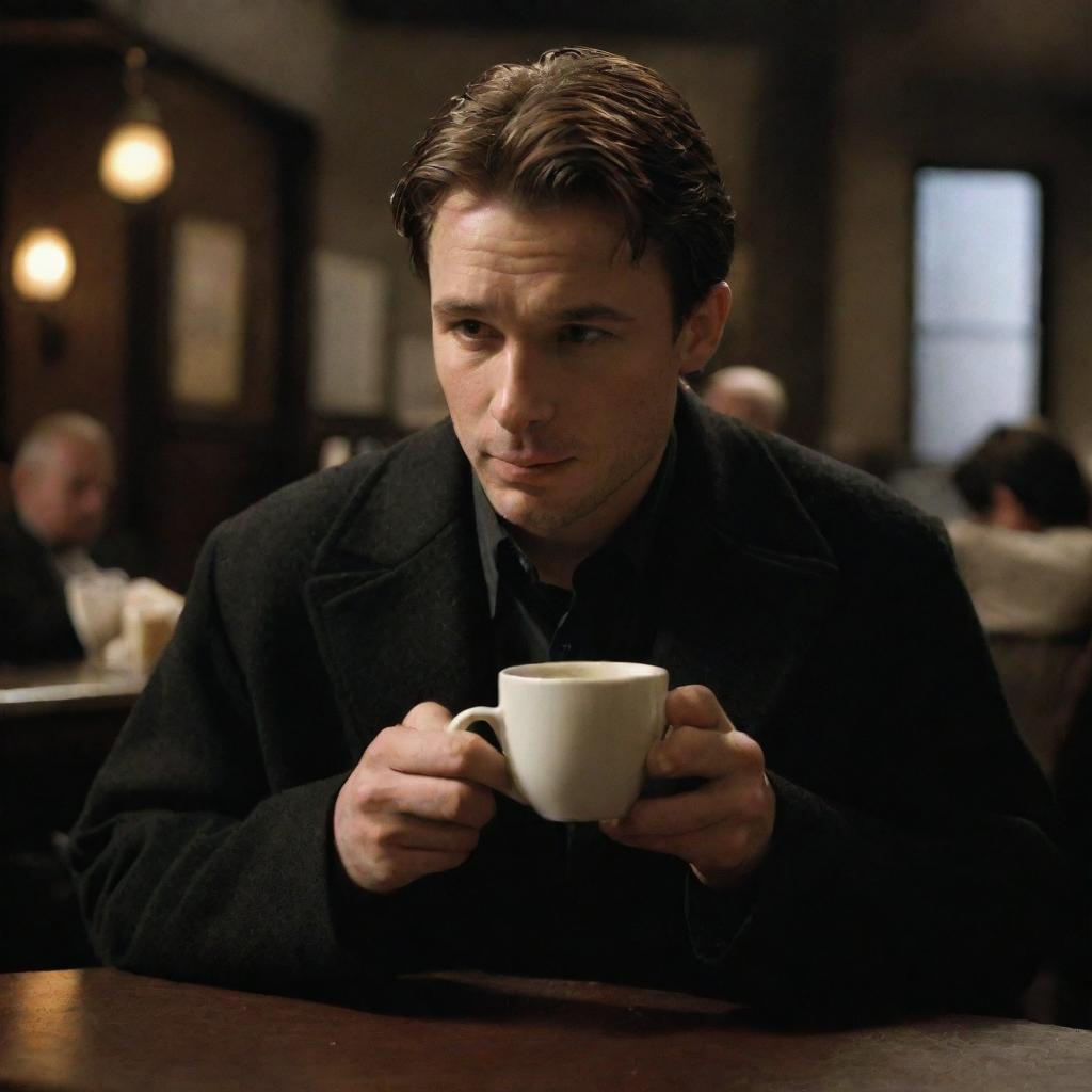 Jonathan Crane from Batman Begins movie, sipping coffee in a moody Gotham City cafe