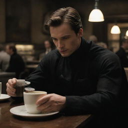 Jonathan Crane from Batman Begins movie, sipping coffee in a moody Gotham City cafe