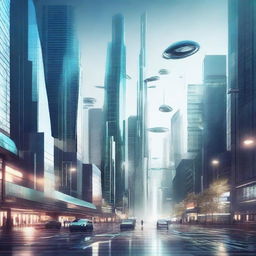 Generate a futuristic image showcasing advanced technology, possibly a cityscape with high-tech buildings, flying cars, or robots