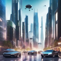 Generate a futuristic image showcasing advanced technology, possibly a cityscape with high-tech buildings, flying cars, or robots