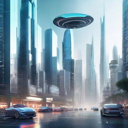 Generate a futuristic image showcasing advanced technology, possibly a cityscape with high-tech buildings, flying cars, or robots
