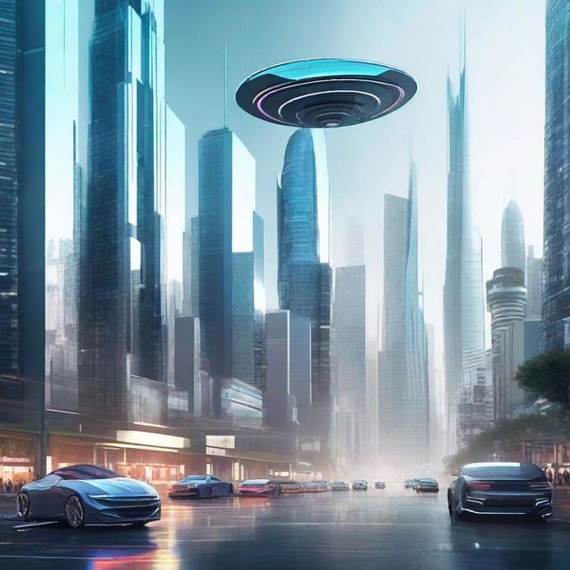 Generate a futuristic image showcasing advanced technology, possibly a cityscape with high-tech buildings, flying cars, or robots