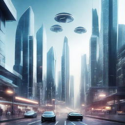 Generate a futuristic image showcasing advanced technology, possibly a cityscape with high-tech buildings, flying cars, or robots