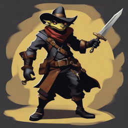 A brass Kobold dressed as a cowboy in black leather