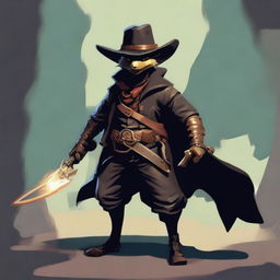 A brass Kobold dressed as a cowboy in black leather