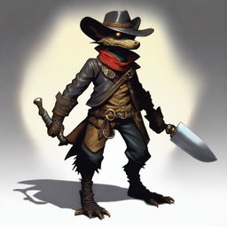 A brass Kobold dressed as a cowboy in black leather