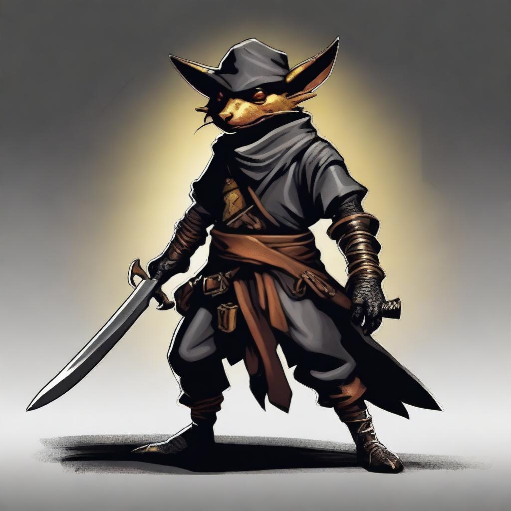 A brass Kobold dressed as a bandit in black leather, wearing a bandana