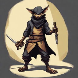 A brass Kobold dressed as a bandit in black leather, wearing a bandana