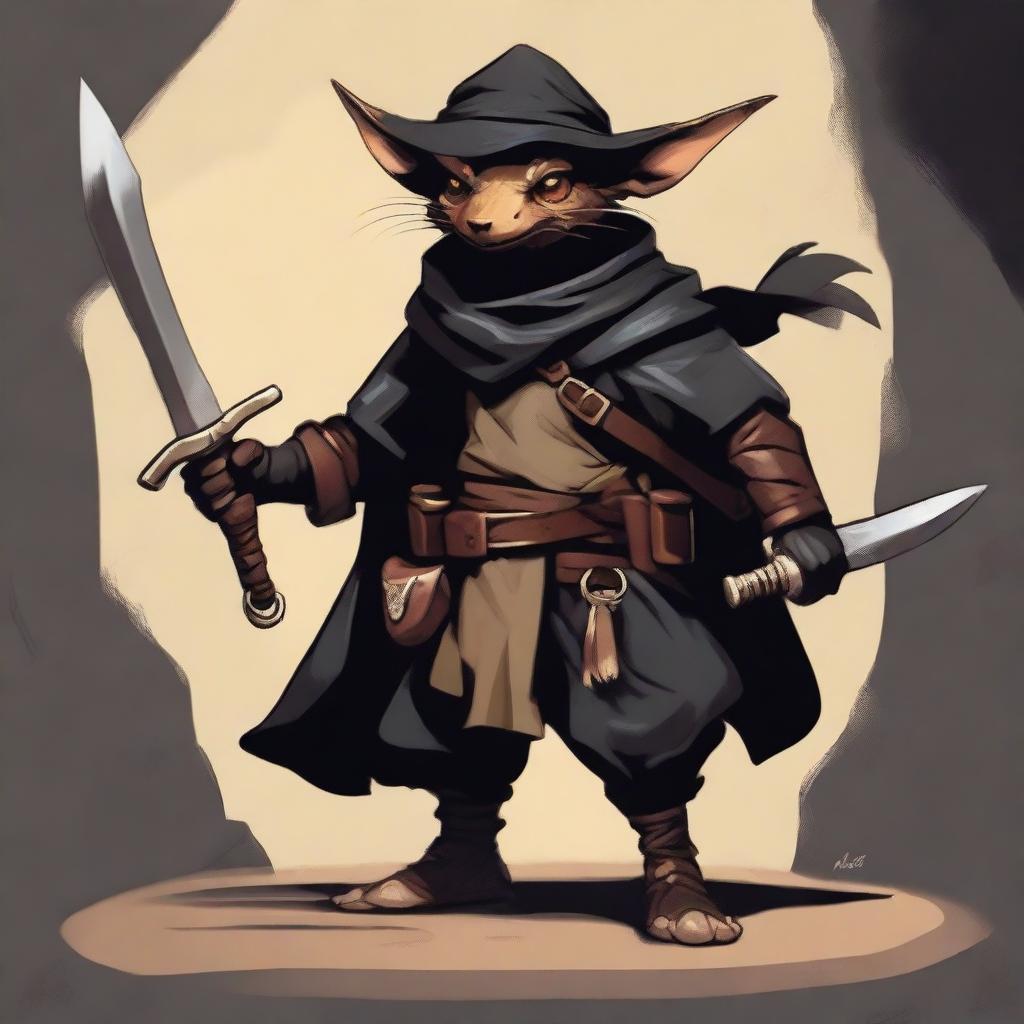 A brass Kobold dressed as a bandit in black leather, wearing a bandana