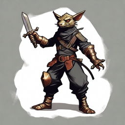 A brass Kobold dressed as a bandit in black leather, wearing a bandana