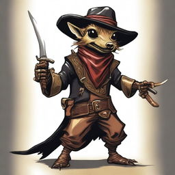 A brass Kobold dressed as a bandit in black leather, wearing a bandana