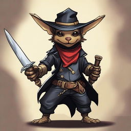 A brass Kobold dressed as a bandit in black leather, wearing a bandana