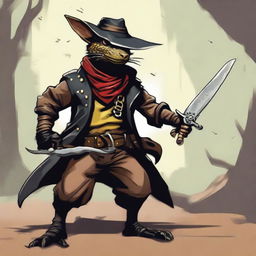 A brass Kobold dressed as a bandit in black leather, wearing a bandana