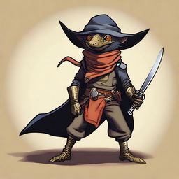 A brass Kobold dressed as a bandit in black leather, wearing a bandana