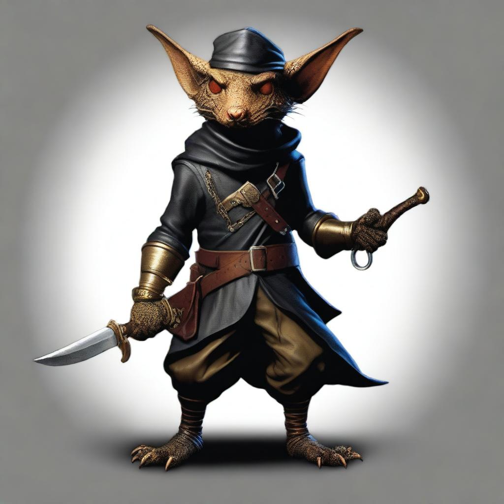 An ultra realistic image of a brass Kobold dressed as a bandit in black leather, wearing a bandana