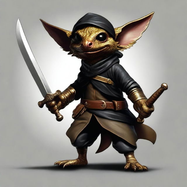 An ultra realistic image of a brass Kobold dressed as a bandit in black leather, wearing a bandana