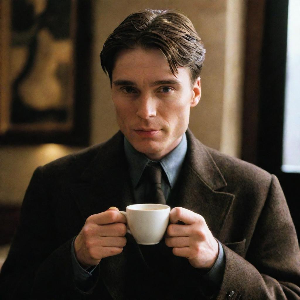 Cillian Murphy as Jonathan Crane from Batman Begins, casually enjoying a coffee