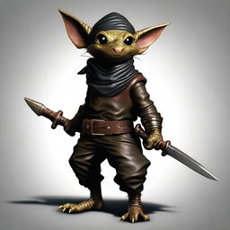 An ultra realistic image of a brass Kobold dressed as a bandit in black leather, wearing a bandana