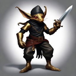 An ultra realistic image of a brass Kobold dressed as a bandit in black leather, wearing a bandana