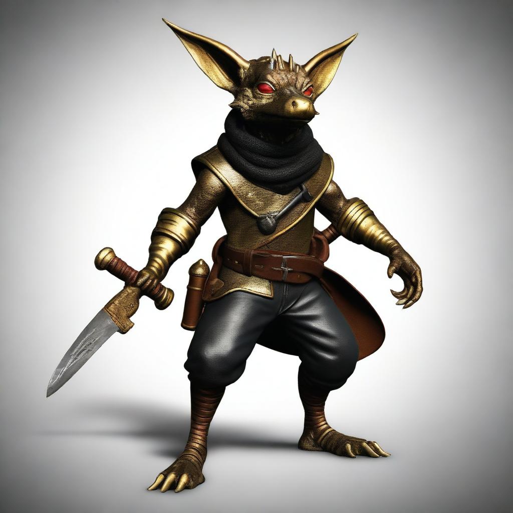 Generate an ultra realistic image of a brass Kobold adorned in black leather