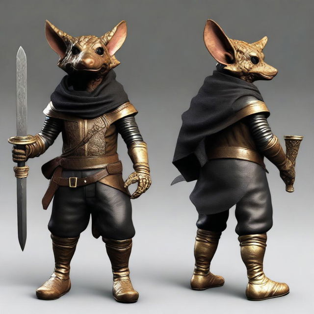 Generate an ultra realistic image of a brass Kobold adorned in black leather