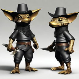 Generate an ultra realistic image of a brass Kobold adorned in black leather