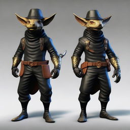 Generate an ultra realistic image of a brass Kobold dressed in black leather